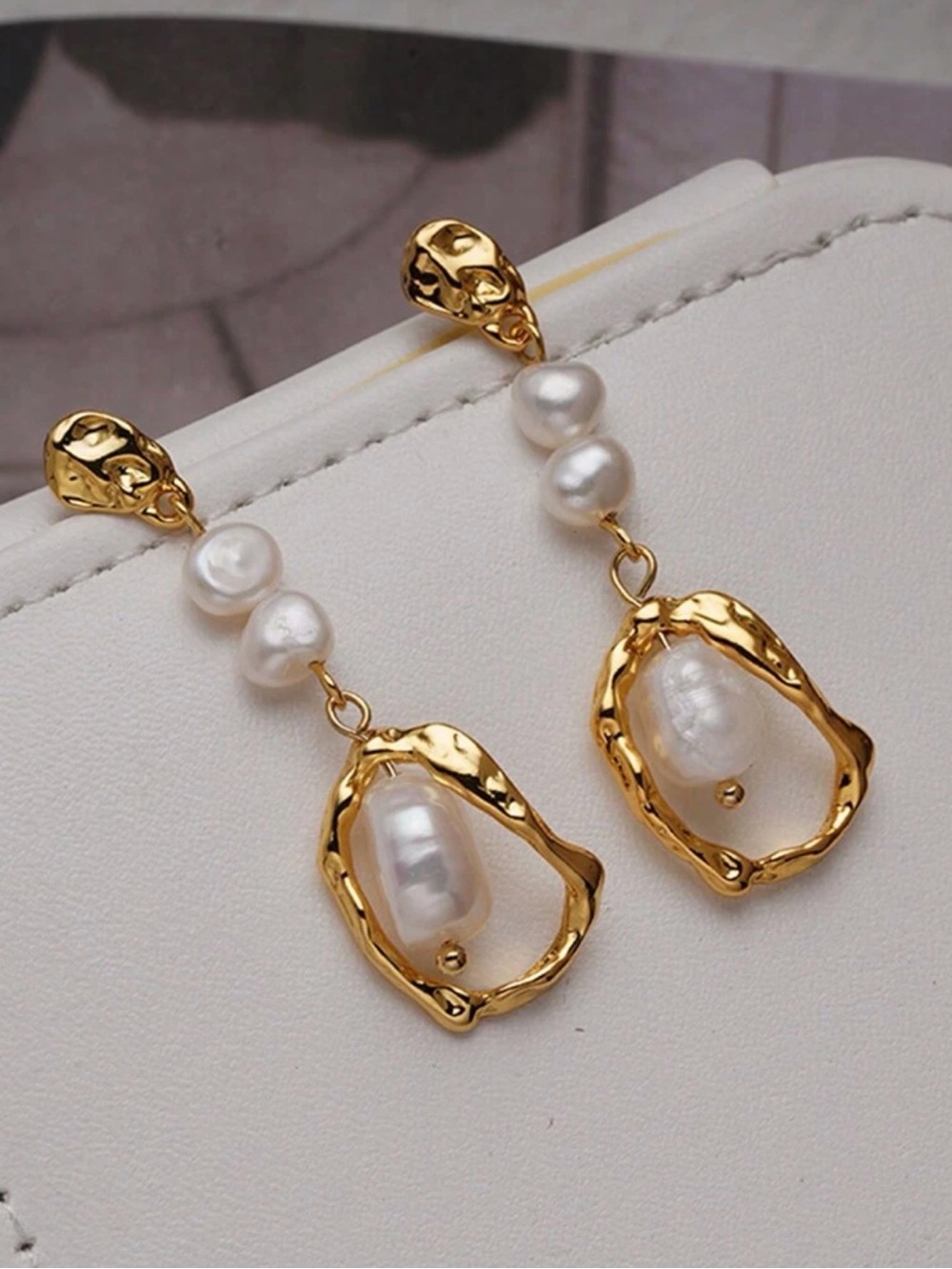 Gold and White Pearl Drop Earrings - Picture 3 of 6